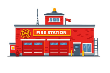 Obraz premium Red fire station building with garage doors, warning light, flag and firefighter emblem vector illustration isolated on transparent background