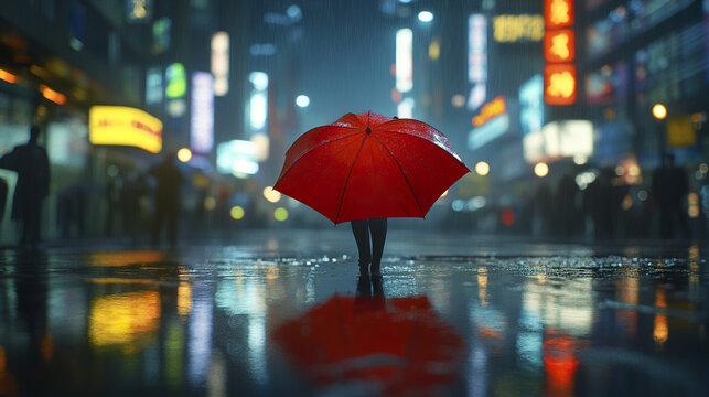 Vibrant red umbrella stands out in rainy city street at night, reflecting on wet pavement with blurred lights and silhouettes creating moody urban atmosphere