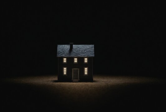 Small House Isolated Under Spotlight In Dark Environment