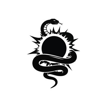 Minimalist black and white vector silhouette of a serpent snake coiled around a sharp spiked circular sun graphic element, isolated on white for logo or tattoo design.