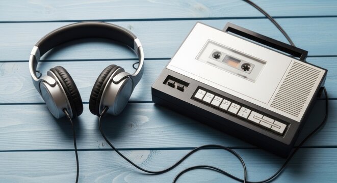Vintage Cassette Player and Headphones on Wooden Table.