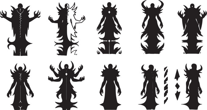 Collection of ten dark fantasy character silhouettes featuring demonic figures, sorcerers, and monstrous entities with horns and jagged armor, isolated on a white background.