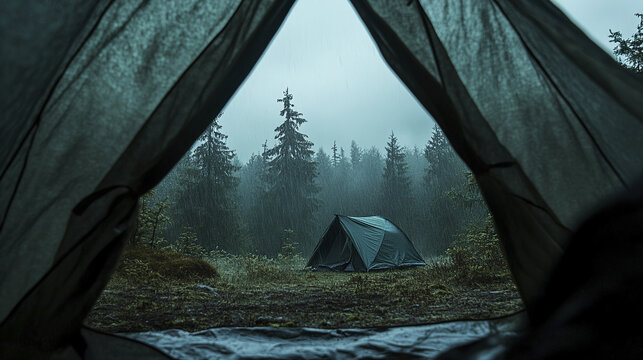 Rainy forest camping scene viewed from inside tent, showing another tent pitched on wet ground surrounded by tall pine trees under gloomy sky