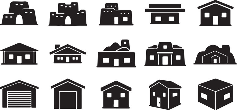 Vector collection of building silhouettes featuring southwest adobe pueblos, suburban residential houses, garage units, and architectural structures in solid black icons.