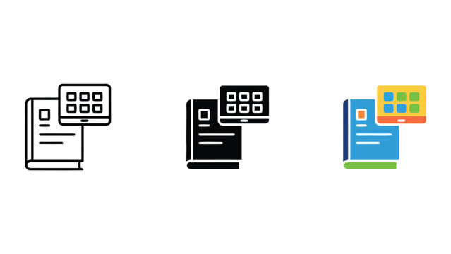 Digital library and electronic book reading concept icon set depicting tablet device over open book for modern education and e-book technology solutions in flat and linear design styles