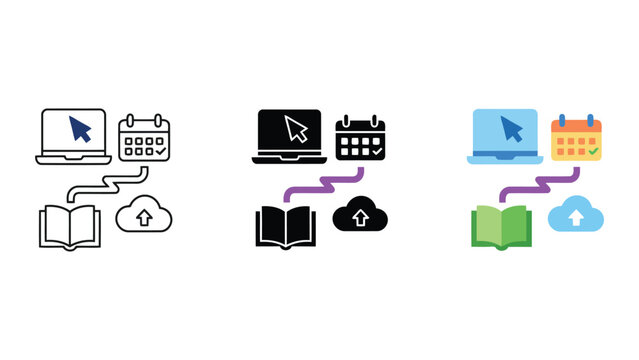 E-learning cloud synchronization icon set featuring laptop with cursor calendar and open book with upload symbol for integrated digital education and remote learning systems