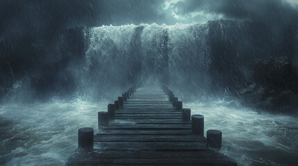 Fototapeta premium Wooden pier extends into stormy sea with heavy rain and massive waterfall crashing down, creating dramatic and intense atmosphere filled with powerful water movement and dark clouds