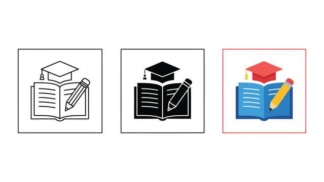 Academic writing icons with open book graduation cap and pencil in outline solid and colorful flat vector styles representing student homework classroom assignments and creative writing training