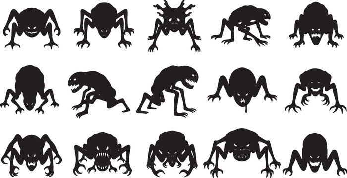 Collection of fifteen black silhouette monsters and creepy creatures on a white background, featuring various mutated humanoids and alien-like forms with sharp teeth and claws.