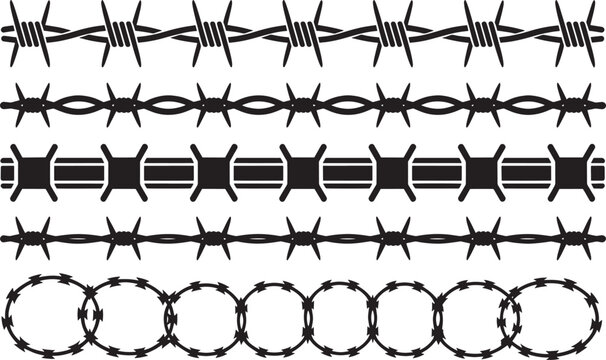 Barbed wire set, five styles of security fence designs, sharp razor coil and straight barriers.