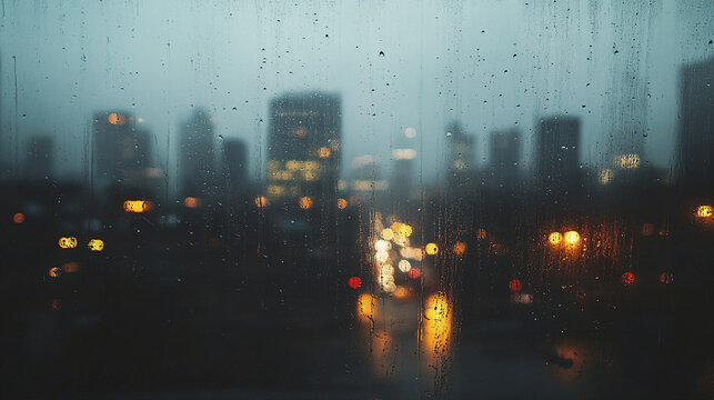 Rainy cityscape with blurred lights and wet window droplets creating moody and atmospheric urban scene during dusk or night