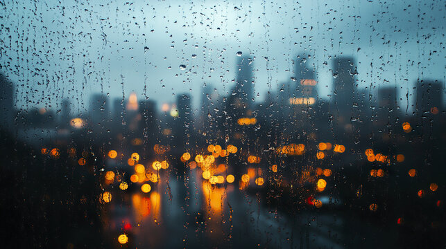 Raindrops on window glass with blurred city skyline and glowing lights in background creating moody and reflective atmosphere during dusk or night