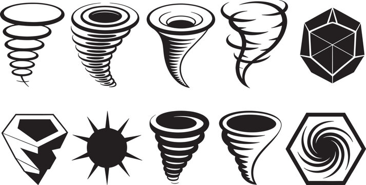 Set of black hurricane and tornado, wind storm, typhoon cyclone, weather symbol, vortex circle.