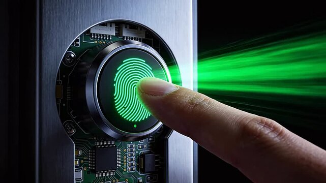 Finger pressing green fingerprint scanner on circuit board security device
