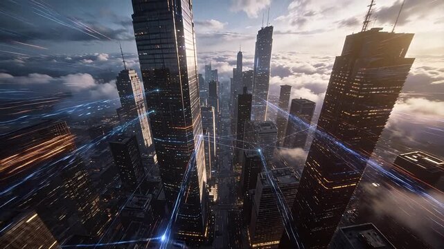 Futuristic digital metropolis with glowing network lines on skyscrapers under warm sky