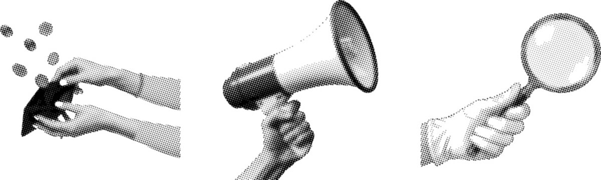 Halftone hands holding megaphone and magnifying glass for communication and search