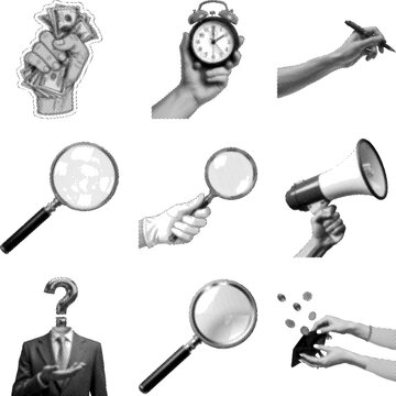 Halftone illustrations of hands holding various objects and magnifying glasses