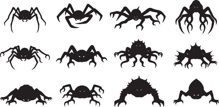 A collection of twelve black silhouette illustrations of monstrous spider-like creatures and mutated arachnids with multiple legs and pincers isolated on a white background.