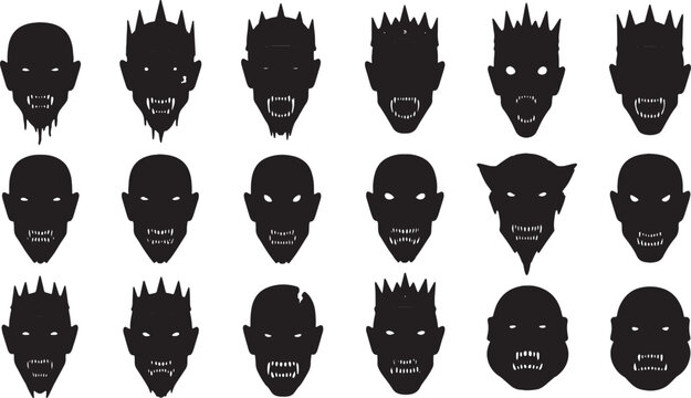 Collection of eighteen black monster silhouette heads with sharp teeth and glowing white eyes isolated on white background. Demonic, undead, and vampire face designs for scary horror themes.