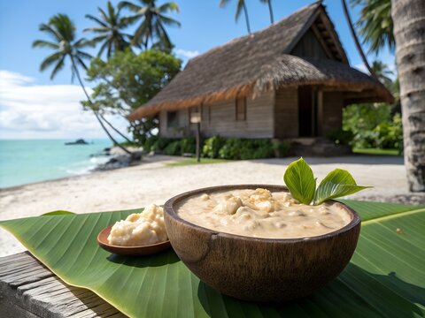 Traditional Tuvaluan Pulaka Giant Swamp Taro Coconut Cream, Maneaba Meeting House, Funafuti Lagoon, Coral Sand, Atoll Paradise
