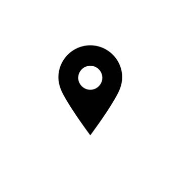 Location Pin Icon: A simple, bold black icon of a location pin with a white dot at its center, signifying a point of interest or geographic marker.
