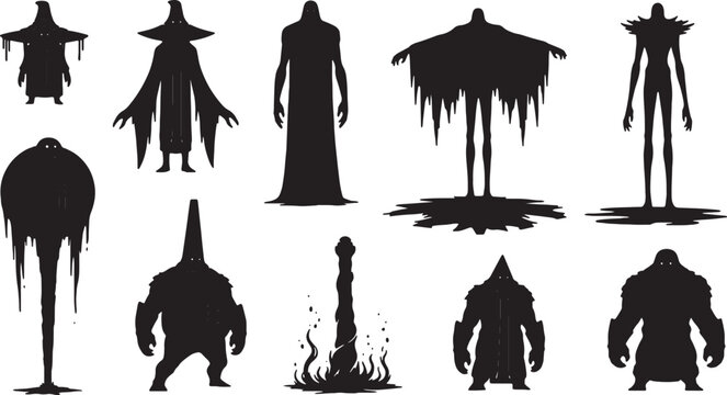 Collection of diverse dark fantasy monster silhouettes and creature silhouettes isolated on white, featuring wizards, tall demons, melting wraiths, and heavy armored figures for games.