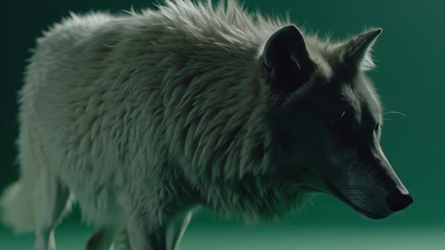 Gray wolf walking in green studio.
