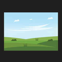 Fototapeta premium Minimalist green hills landscape vector illustration with blue sky and clouds