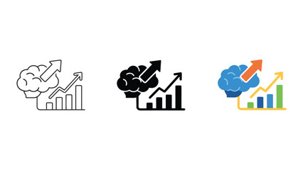 Fototapeta premium Brain with upward arrow and bar chart line icon black silhouette colorful icon for cognitive growth and success