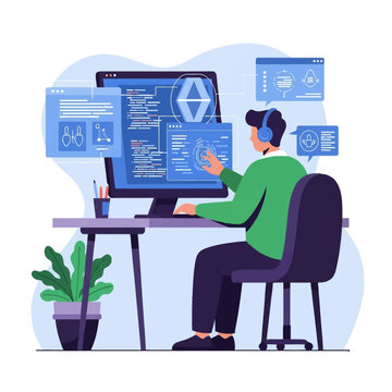 Flat vector illustration of a cybersecurity specialist sitting at a desk with headphones, analyzing computer code and biometric fingerprint scanning on a large monitor with floating UI data.