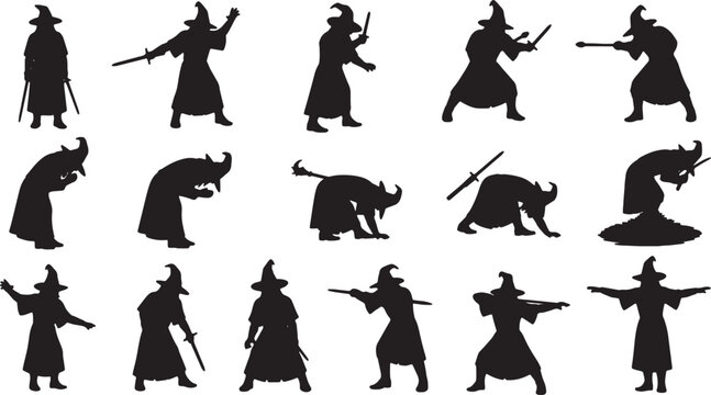 Collection of sixteen black wizard and sorcerer silhouettes featuring various fantasy poses, including spellcasting, holding swords, using staffs, and bowing, isolated on white.