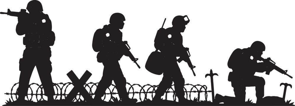 Black silhouette illustration of four soldiers in tactical gear with rifles and backpacks patrolling along a barbed wire fence on a white background, representing military ops.