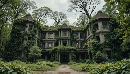 Obraz premium Abandoned stone mansion overgrown with ivy in misty forest setting with eerie atmosphere