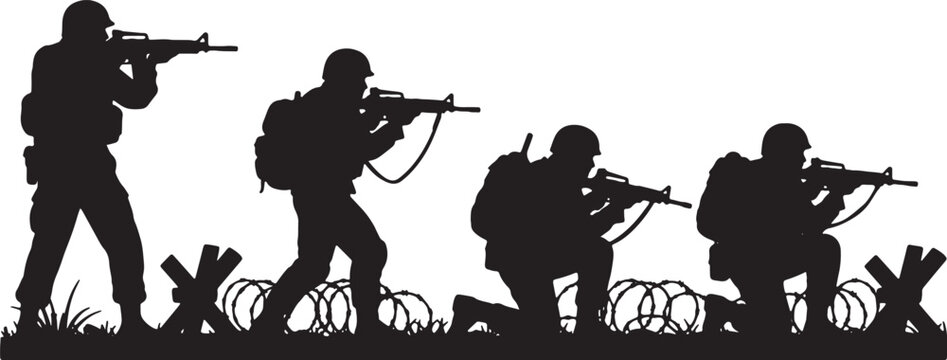 Black silhouette illustration of four soldiers in full combat gear and helmets advancing across a battlefield with barbed wire and tank traps, isolated on a white background.