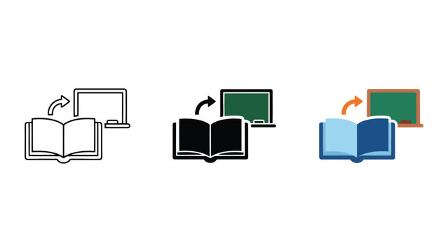 Open book transitioning to laptop screen with arrow indicating digital learning and online education transformation