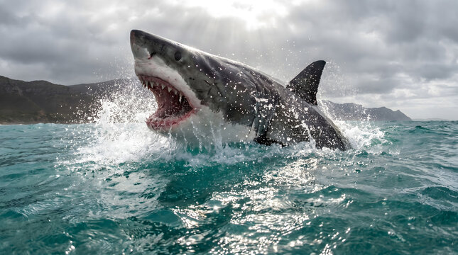 Great White Shark Breaching Ocean Surface Dramatically