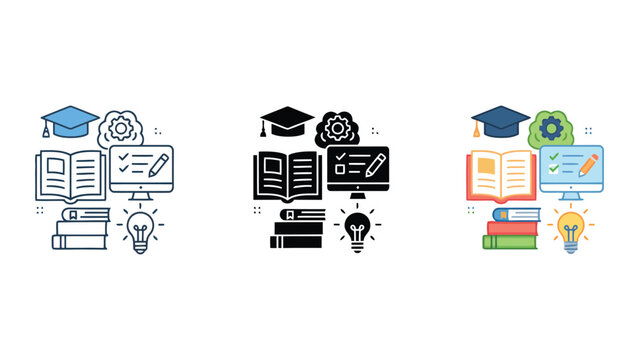 Education and knowledge icon cluster with graduation cap computer books and lightbulb idea symbol