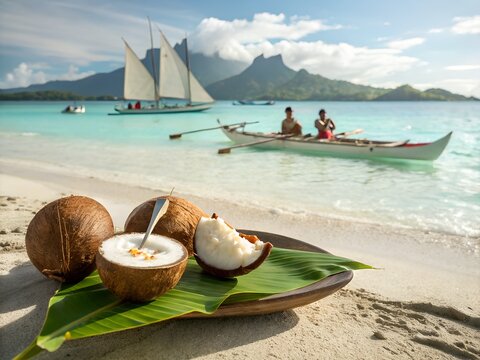 Traditional Tuvaluan Talo Baked Taro Coconut Milk, Outrigger Canoe, Funafuti Atoll Lagoon, Coral Beach, Pacific Island Breakfast
