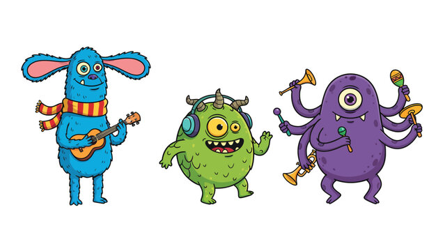 Three cute cartoon monsters playing musical instruments and dancing together happily.