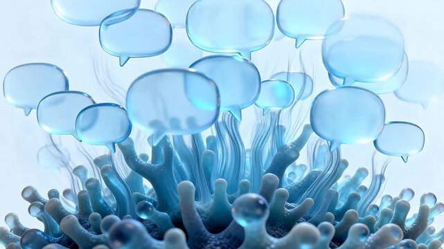 Semi-transparent blue chat bubbles with coral branch structure on light background