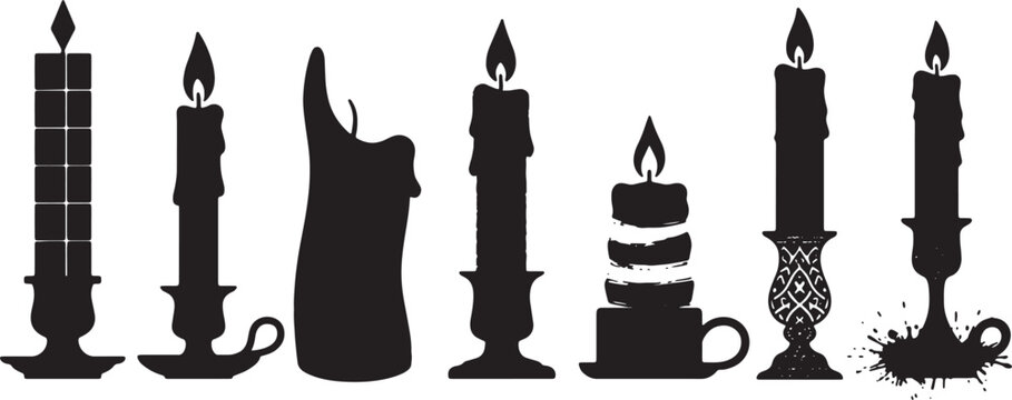 Black silhouette illustration collection of various candles and candle holders featuring dripping wax tapers, thick pillars, ornate candlesticks, and geometric designs on white.