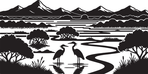 Fototapeta premium Black and white silhouette illustration of two herons standing in a delta wetland with winding river channels, mangrove trees, and a distant mountain range landscape background.