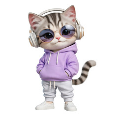 Fototapeta premium Cute Fashion Cat Character Listening to Music with Headphones and Sunglasses in Stylish Streetwear Outfit Isolated on Transparent Background, Generative AI