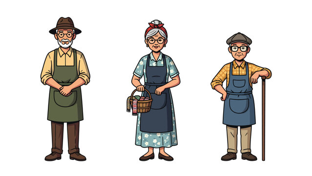 Three diverse cartoon characters representing different generations of shopkeepers or farmers, dressed in vintage attire and aprons, standing confidently.