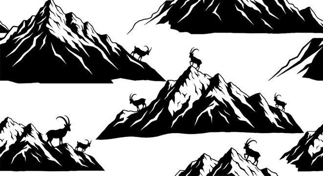 Black and white mountain goats on rugged alpine peaks.