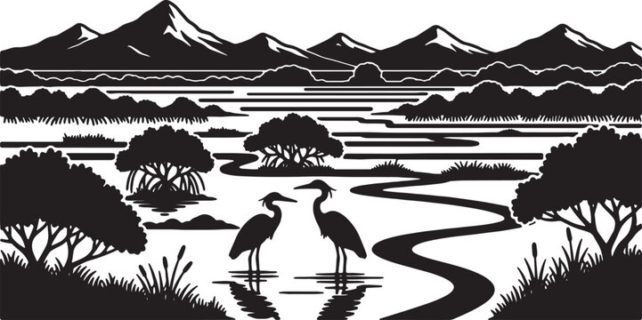 Black and white silhouette illustration of two herons standing in a delta wetland with winding river channels, mangrove trees, and a distant mountain range landscape background.