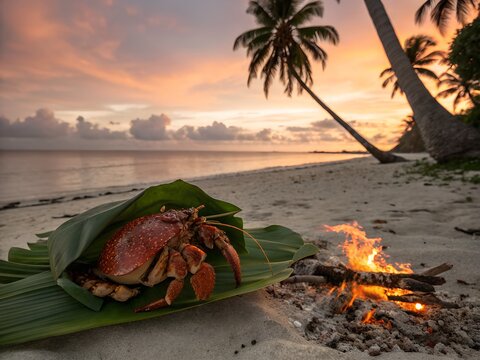 Traditional Tuvaluan Coconut Crab Grilled Whole, Beach Bonfire, Funafuti Atoll Sunset, Coral Sand, Pacific Island Feast
