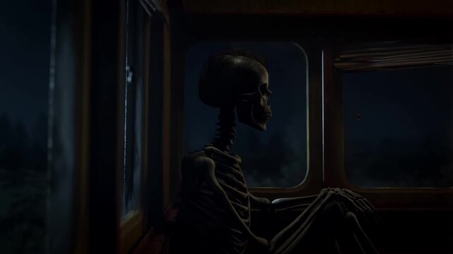A cinematic and atmospheric video featuring a skeleton sitting alone in a dimly lit train carriage at night. The character gazes out of the window at the full moon, evoking themes of solitude, melanch