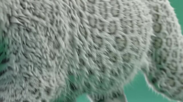 Snow leopard walking towards camera green.