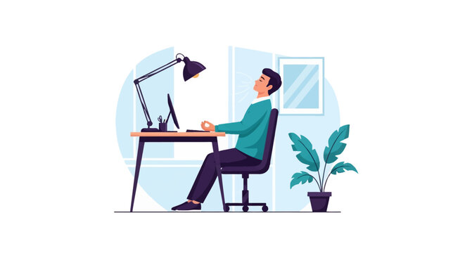 Flat vector illustration of a male employee practicing mindfulness meditation at his desk in a modern office, sitting with eyes closed, deep breathing, and a mudra hand gesture.